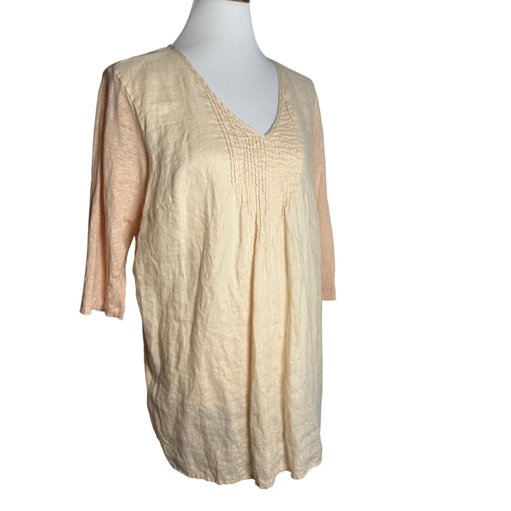 J. Jill Love Linen Peach Cream Pintuck V-Neck Tunic Top 3/4 Sleeve Boho Women XL